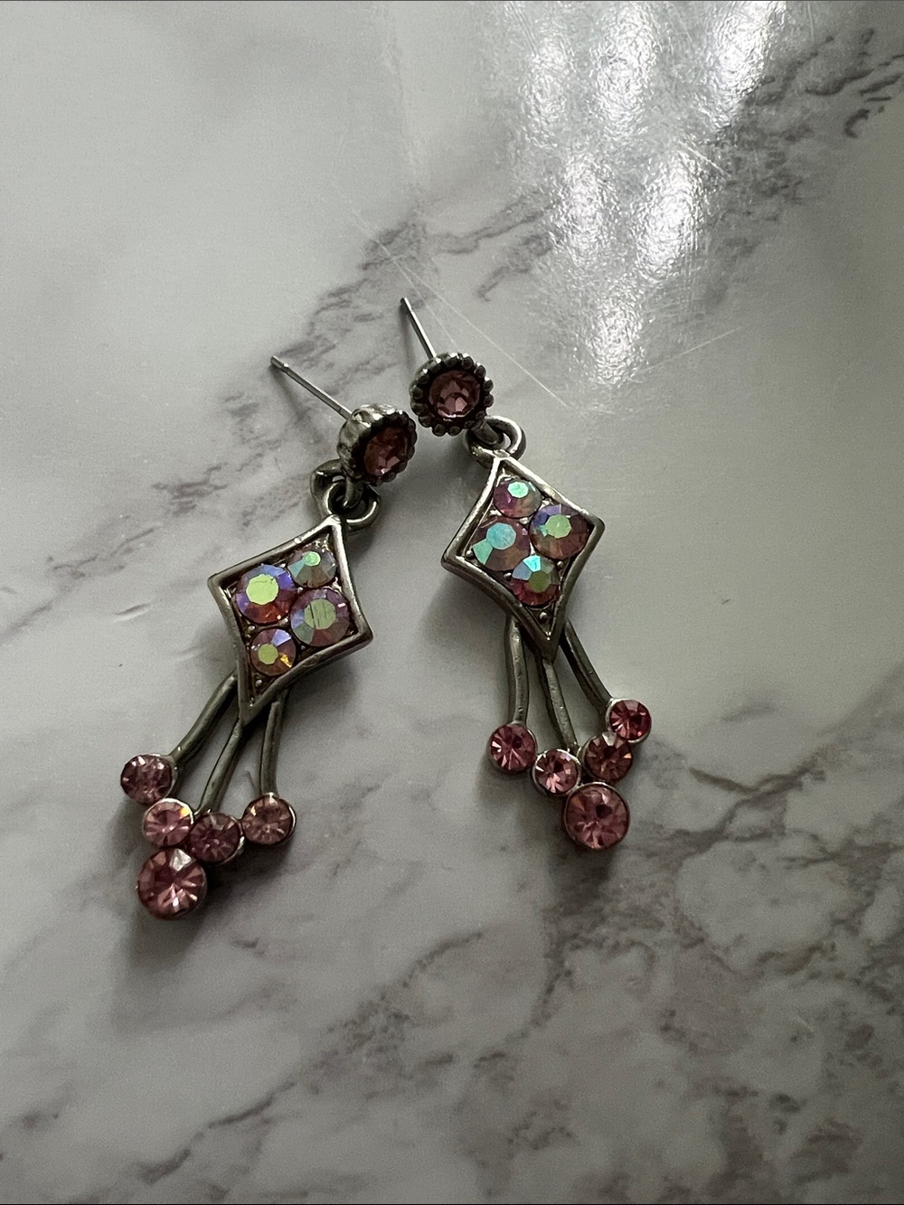 Pink Crystal Dangle Earrings with Iridescent Accents